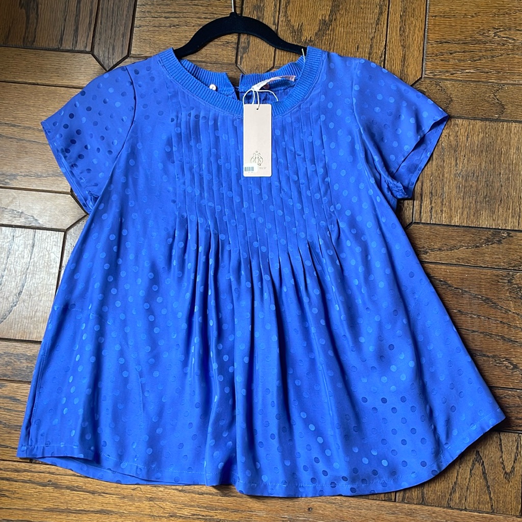 Rebecca Taylor 100% Silk Polka Dot Top Pleats Pockets Cornflower Blue *New* 4